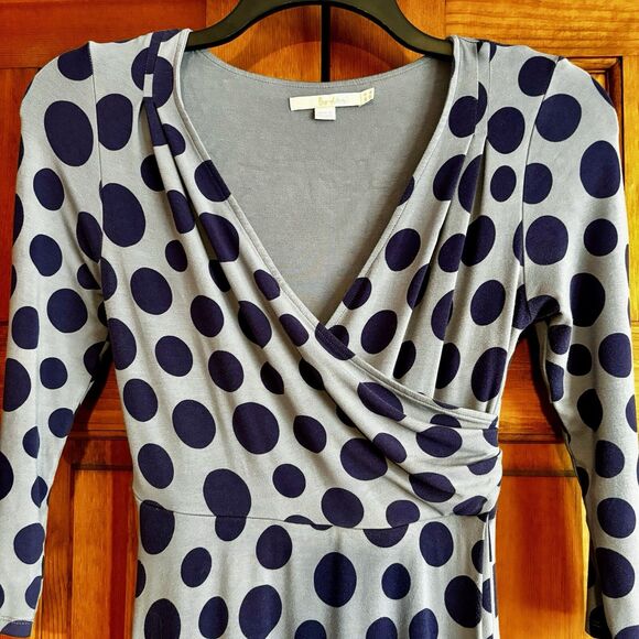 Boden Dress Women's Size 4 Long US, 8L UK Blue Polka Dot V Neck 3/4 Sleeves Work - Picture 2 of 8